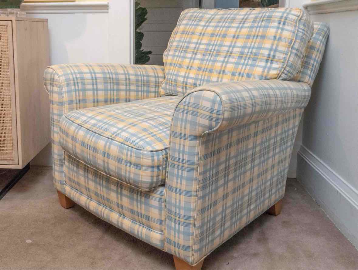 Rowe Sky Blue, Yellow, Ivory Plaid Chair & Ottoman