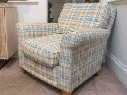 Rowe Sky Blue, Yellow, Ivory Plaid Chair & Ottoman