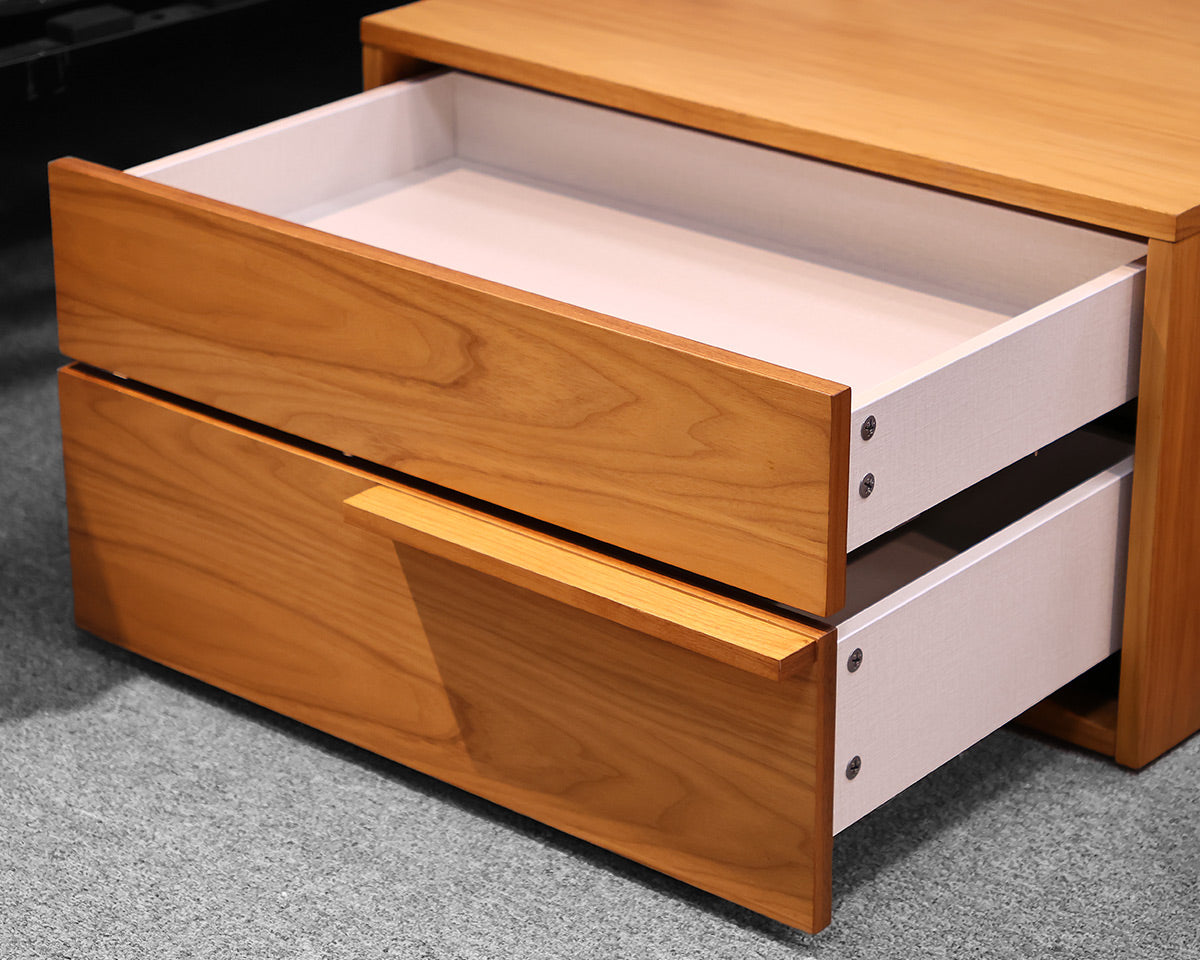 Pair of Contemporary Teak 2-Drawer Nightstands with Nickel Gooseneck Lamps