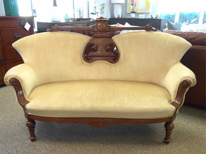 Vintage Rococo Revival Loveseat in Carved Walnut and Sand Velvet