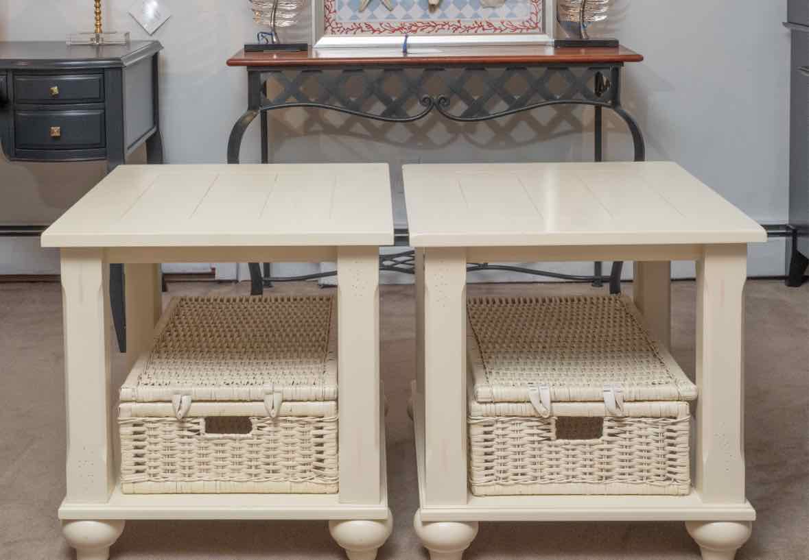 Pair of Cream Finish 1 Shelf Side Tables with Wicker Baskets