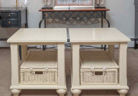 Pair of Cream Finish 1 Shelf Side Tables with Wicker Baskets