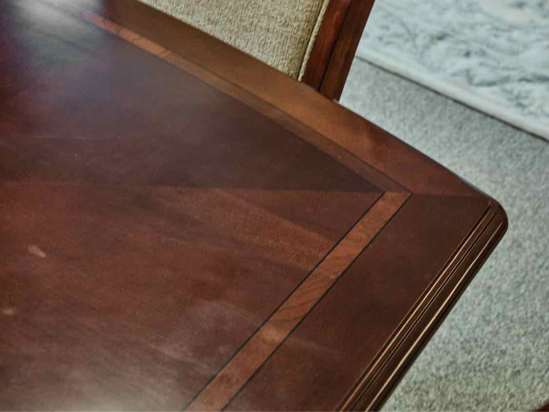 Dining Table in Inlaid Cherry Stain & Set of Eight Dining Chairs