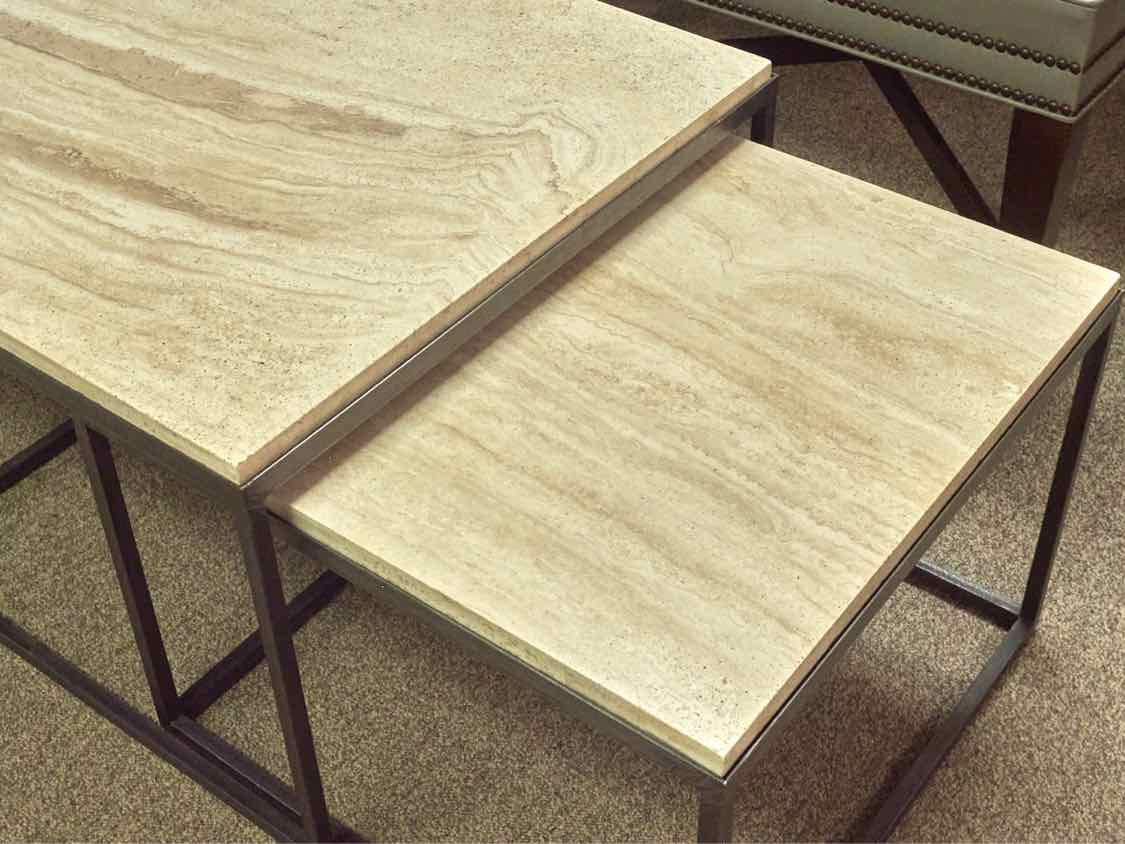 Ethan Allen Cocktail Table with Stone Top & Nested Side Tables