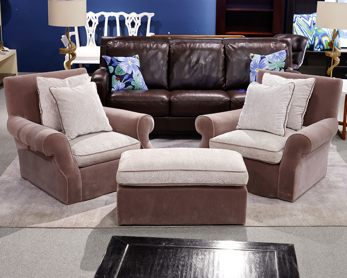 Pair of Mohair Swivel Chairs and Ottoman