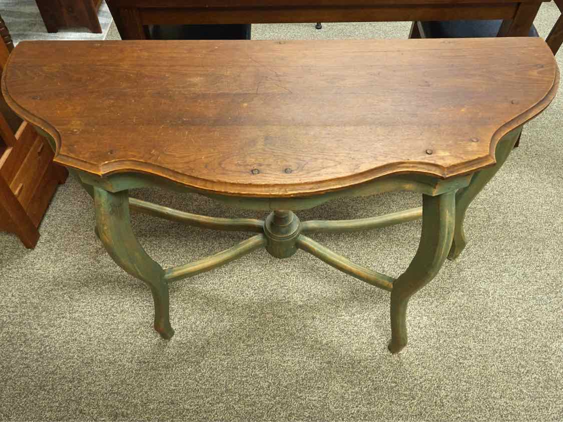 Rustic Demilune Console with Dark Pine Top and Green Base