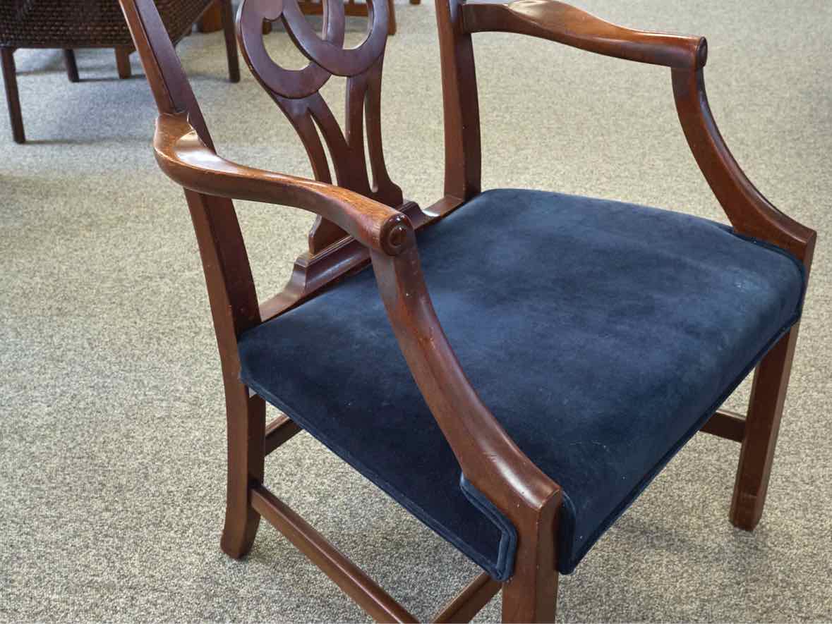 Set of 8 Carved Mahogany Dining Chairs with Dark Blue Velvet Seats