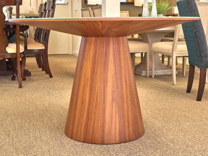 Winston Round Dining Table on Walnut Base with White Lacquer & Clear Glass Top