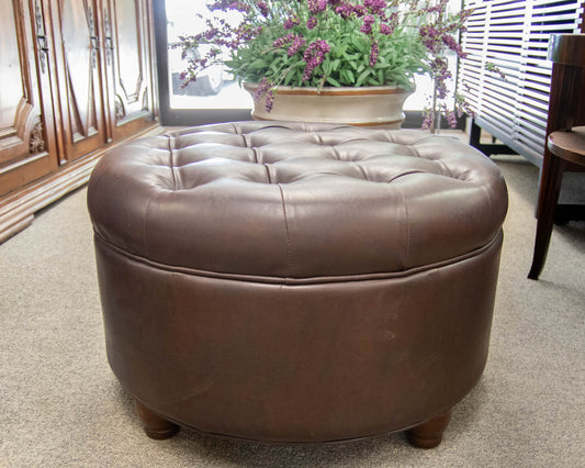 Round Button-Tufted Storage Ottoman in Dark Brown Faux Leather