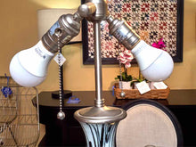 Pair Of White& BLack Ceramic Table Lamps With Silver Grey  Linen Shades