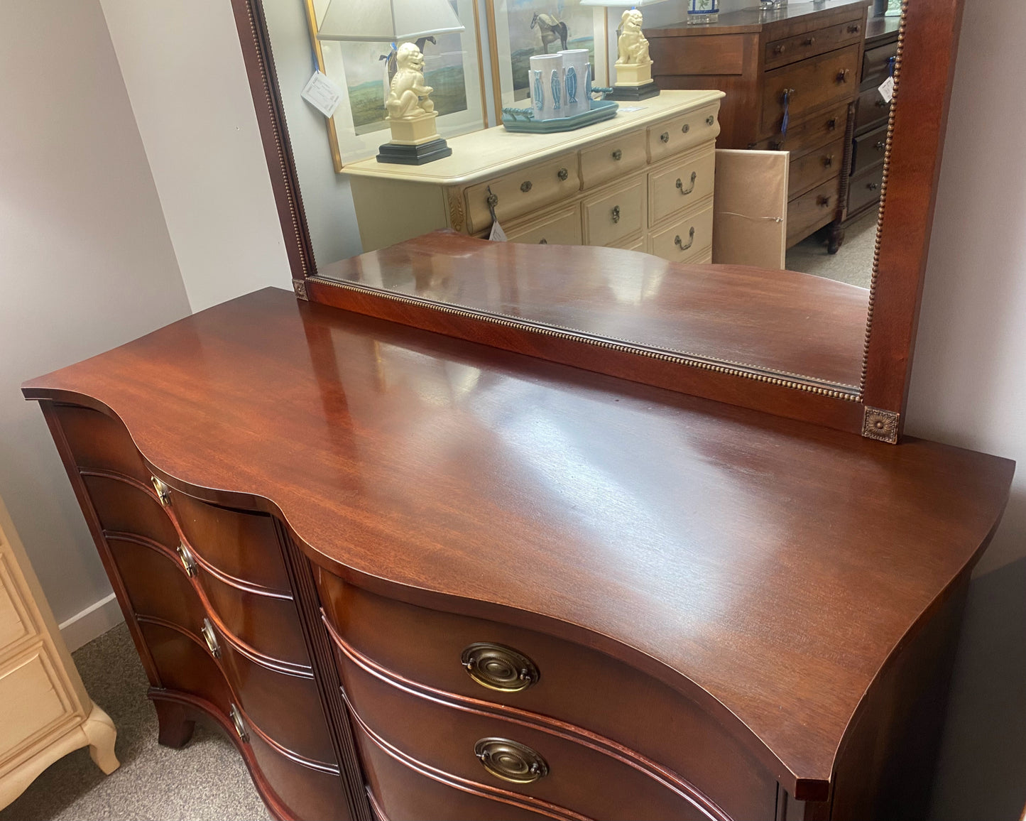 White Fine Furniture Serpentine Front Double Dresser in Mahogany
