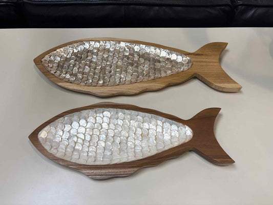 Set of Two Carved Teak Fish With Capiz Detail