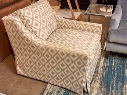 Pair of Basset Track Arm Chairs in Ivory & Grey Diamond Uphostery Feather & Down