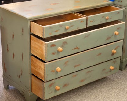 Distressed Sage Green Dresser with Natural Wood Finish Pulls