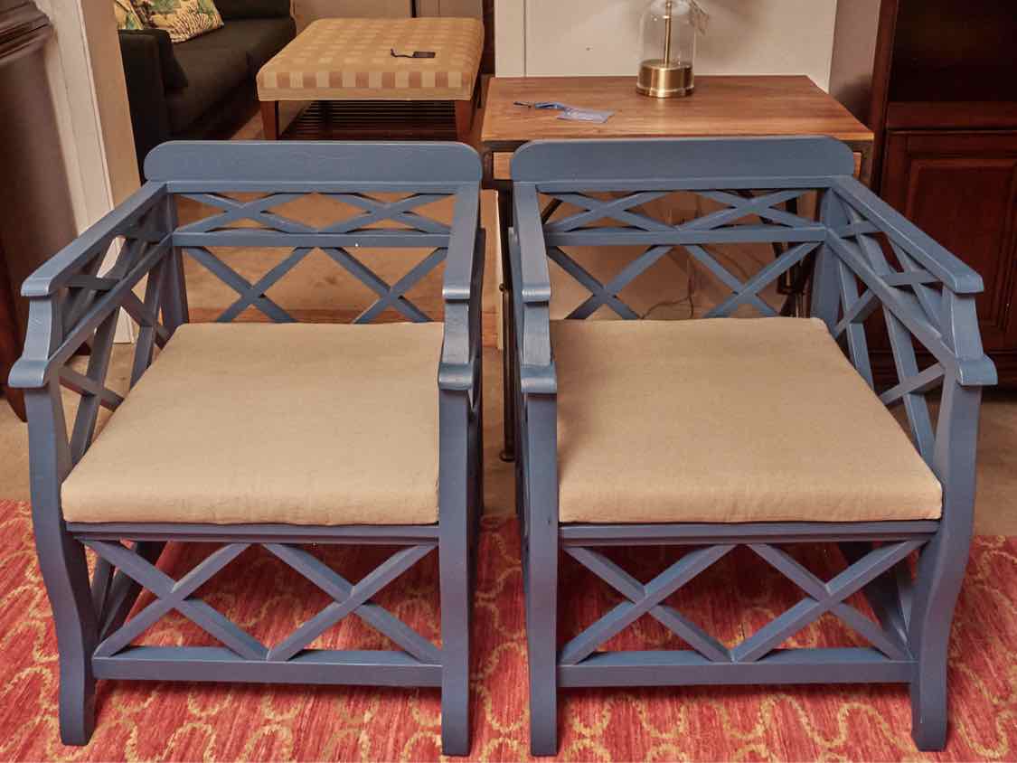 Pair Of Blue Finish Lattice Cushion Accent Chairs