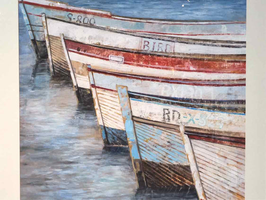 'Rowboats' Art Print Matted Under Glass White Washed Ridged Frame