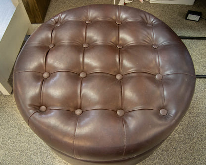 Round Button-Tufted Storage Ottoman in Dark Brown Faux Leather