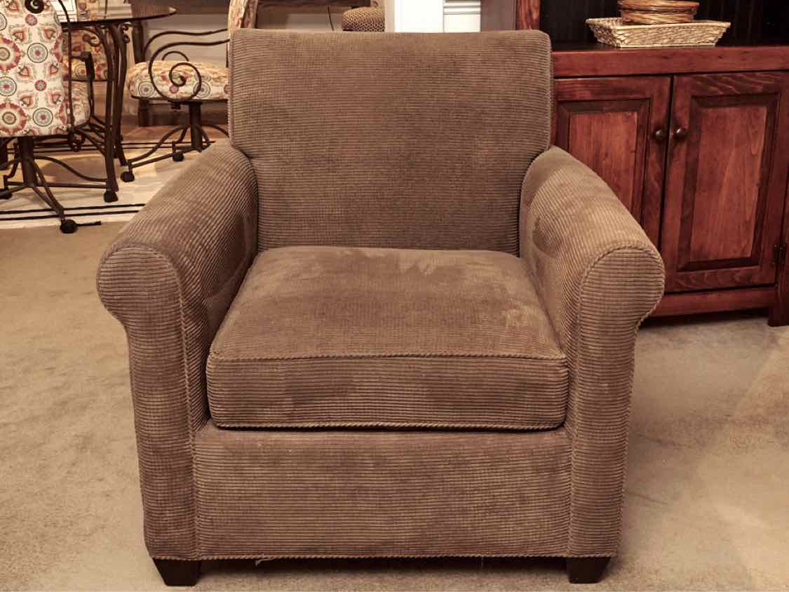Crate & Barrel Olive Brown Corduroy Upholstered Chair with Matching Ottoman