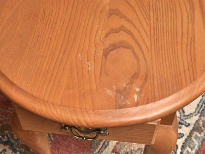 Pair Of Leister Queen Anne Style Oak Oval  1 Drawer Side Tables