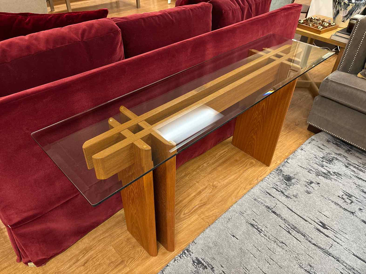 Mid-Century Modern Rectangular Teak Glass Top Sofa Console