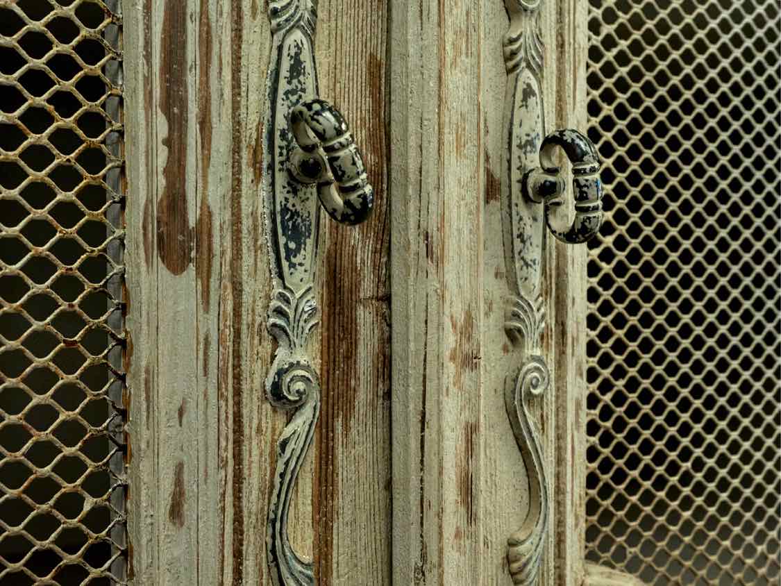 Rustic French Inspired Display Cabinets in Grey Finish with Wire Mesh Doors