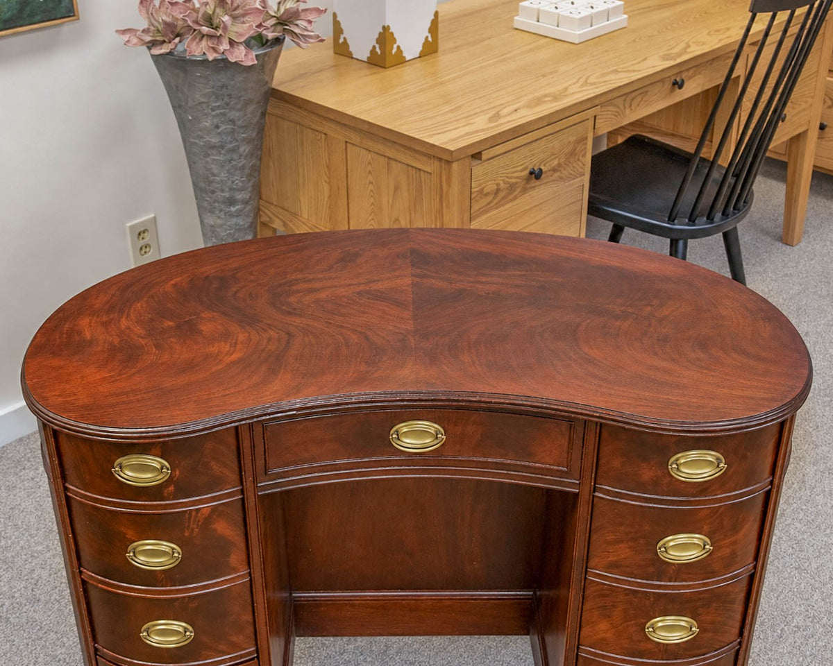 Crotch Mahogany 9 Drawer Kidney Shape Desk