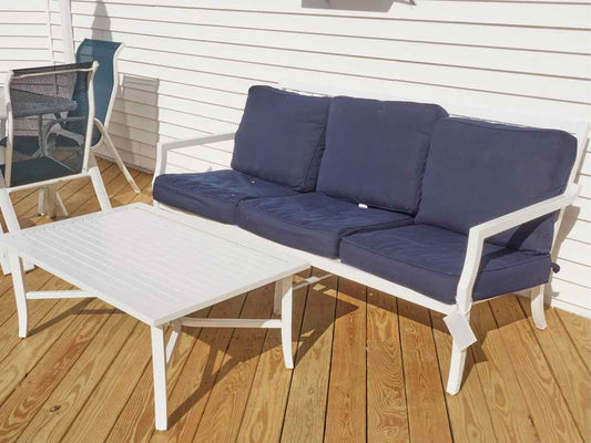 White Powered Finish Metal 3 Cushion Sunbrella Fabric Sofa & Cocktail Table