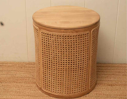 Round Natural Wood With Woven Rattan Storage Accent Table