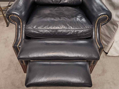 Pair of Hancock and Moore  Navy Blue Leather Bustle Back Reclining Chairs