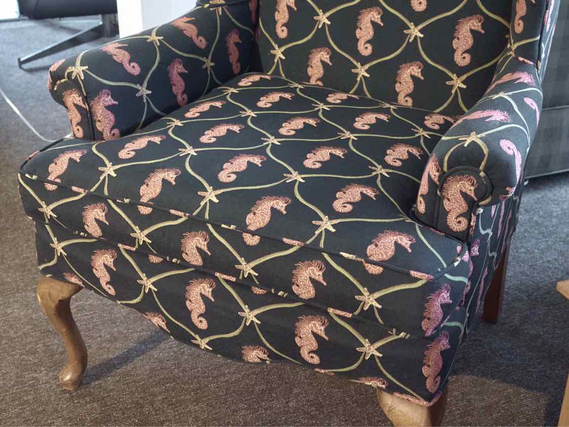 Custom Upholstered 'Seahorse & Starfish' Wing Back Chair