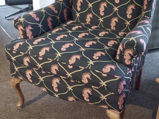 Custom Upholstered 'Seahorse & Starfish' Wing Back Chair
