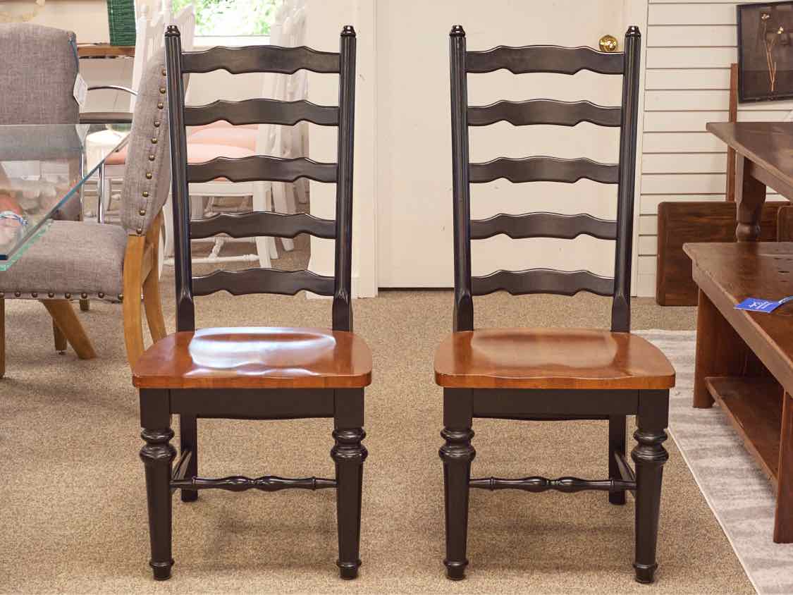 Pair of Black Finish Ladder Back Dining Chairs with Maple Seats