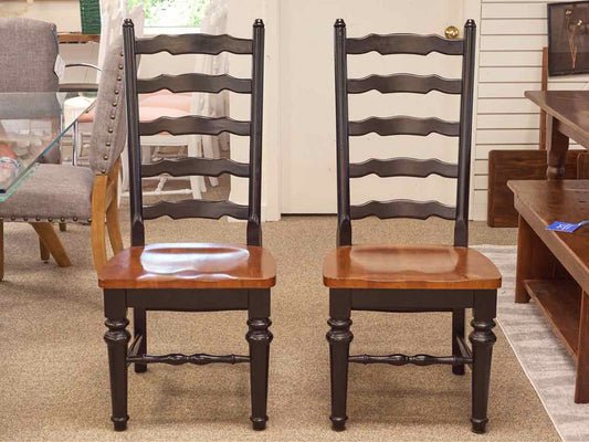 Pair of Black Finish Ladder Back Dining Chairs with Maple Seats