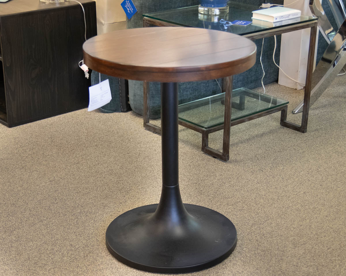 Williams Sonoma Plank Top Round Side Table on Black Metal Pedestal Base