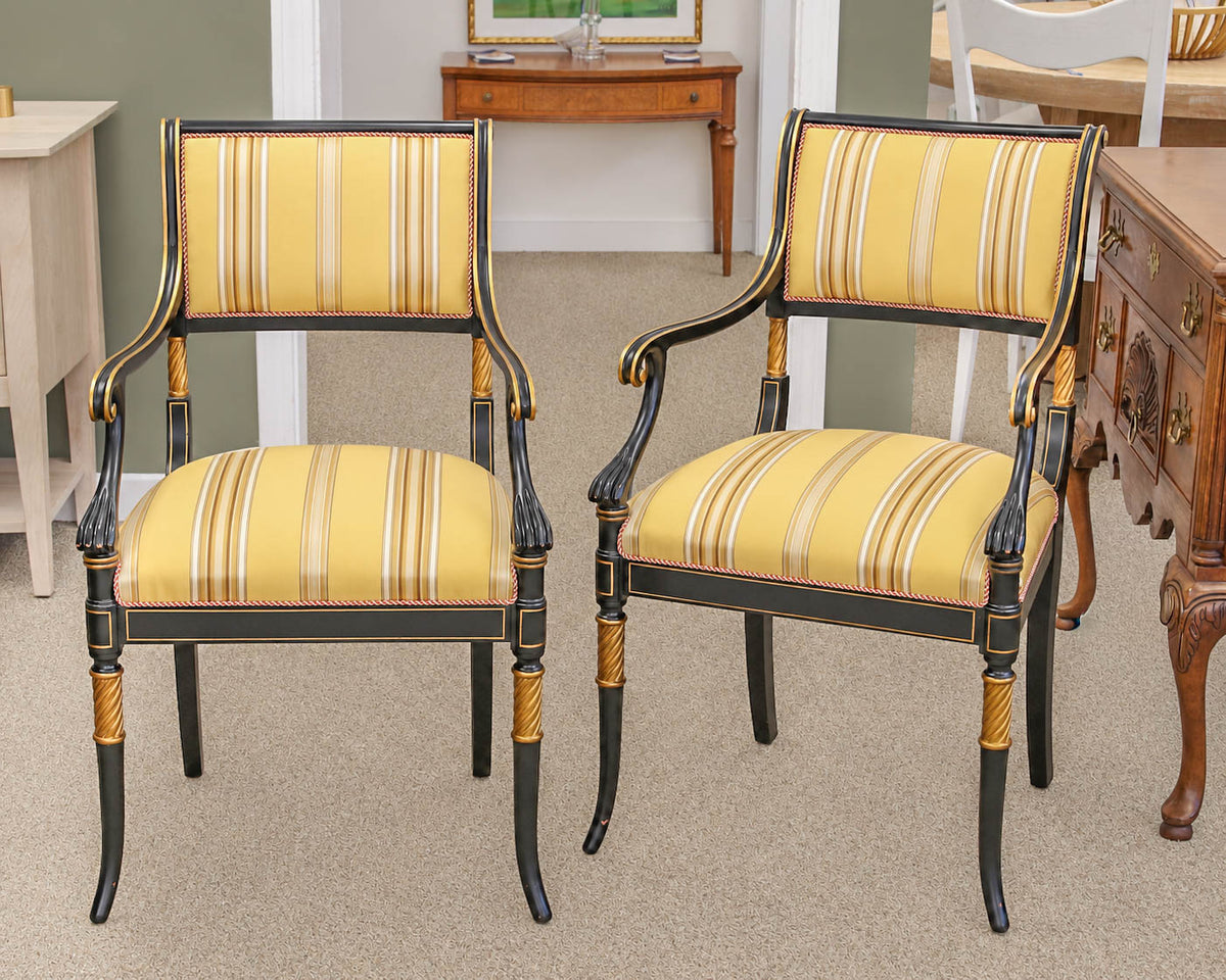 Pair of Regency Ebonized Arm Chairs with Gold Trim & Striped Yellow Silk