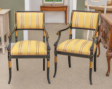 Pair of Regency Ebonized Arm Chairs with Gold Trim & Striped Yellow Silk