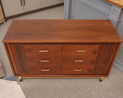 Walnut Mid Century Modern 6 Drawer  Dresser with Brass Accent Handles