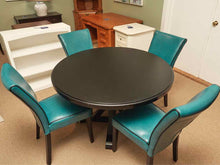 Round Black Finish Table &  4 Teal Bonded Leather Chair Set