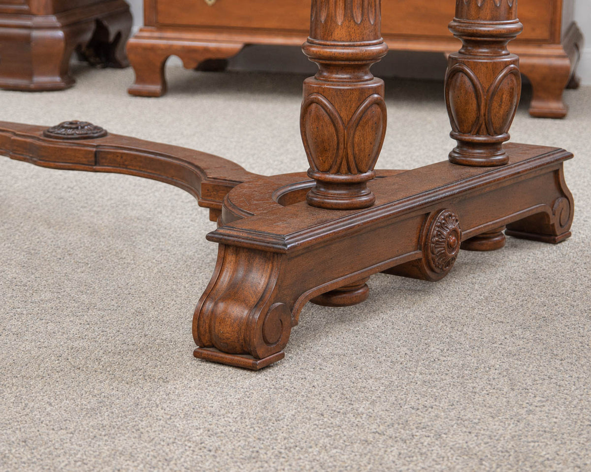 Broyhill Warm Brown Writting Desk W/Inlaid Table Top & Carved Trestle Leg Base