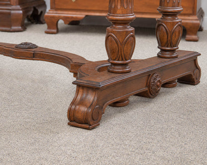Broyhill Warm Brown Writting Desk W/Inlaid Table Top & Carved Trestle Leg Base