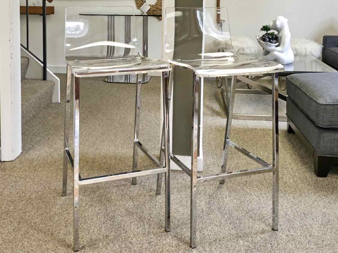 Set of 3  CB2 Chrome and Acrylic  Bar Stools