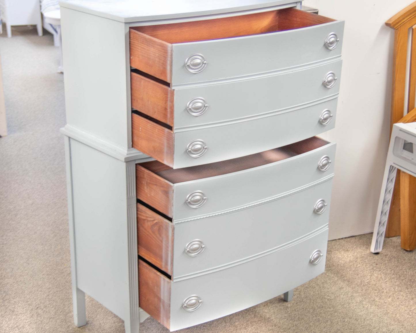 Bow Front Iced Blue/Grey 6 Drawer Chest On Chest  W/ Silver Hepple Pulls