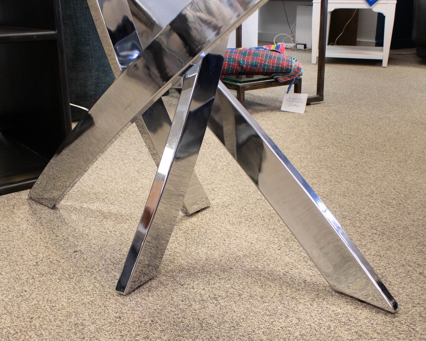 Contemporary Glass Top Bowfront Console on Chrome Angled Base