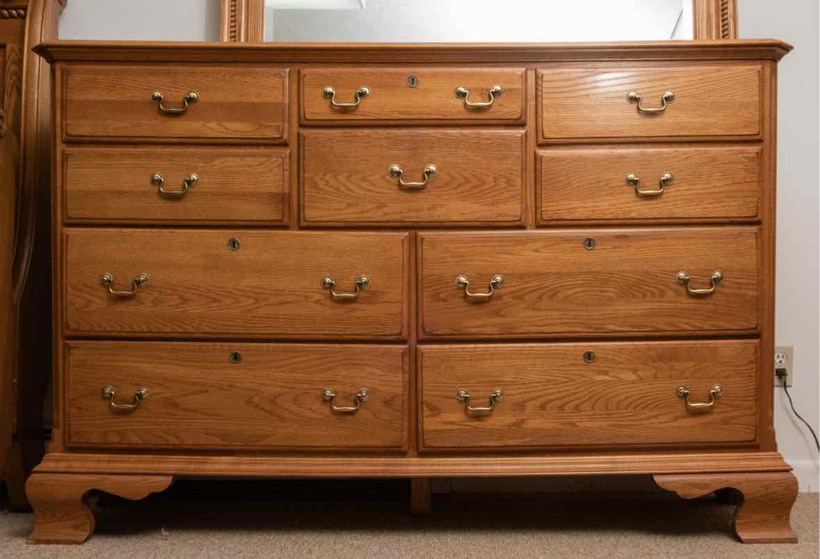 Kincaid Oak 10 Drawer Triple Dresser with Wall  Oak Landscape Mirror