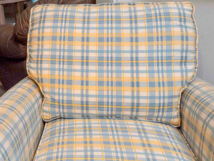 Rowe Sky Blue, Yellow, Ivory Plaid Chair & Ottoman