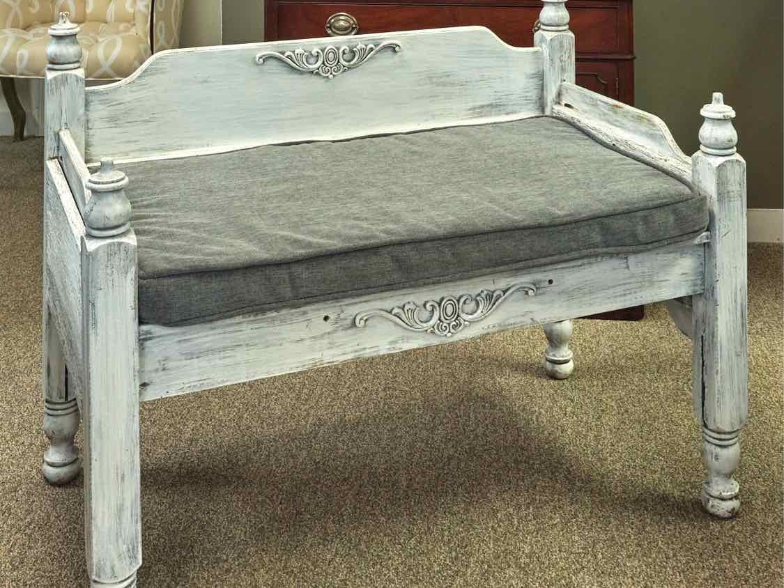 Shabby Chic Bench in Rustic White with Grey Chenille Cushion