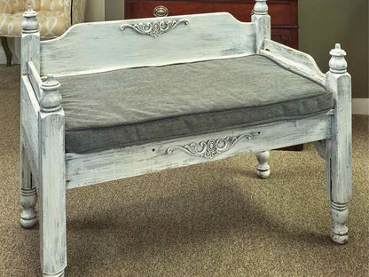 Shabby Chic Bench in Rustic White with Grey Chenille Cushion