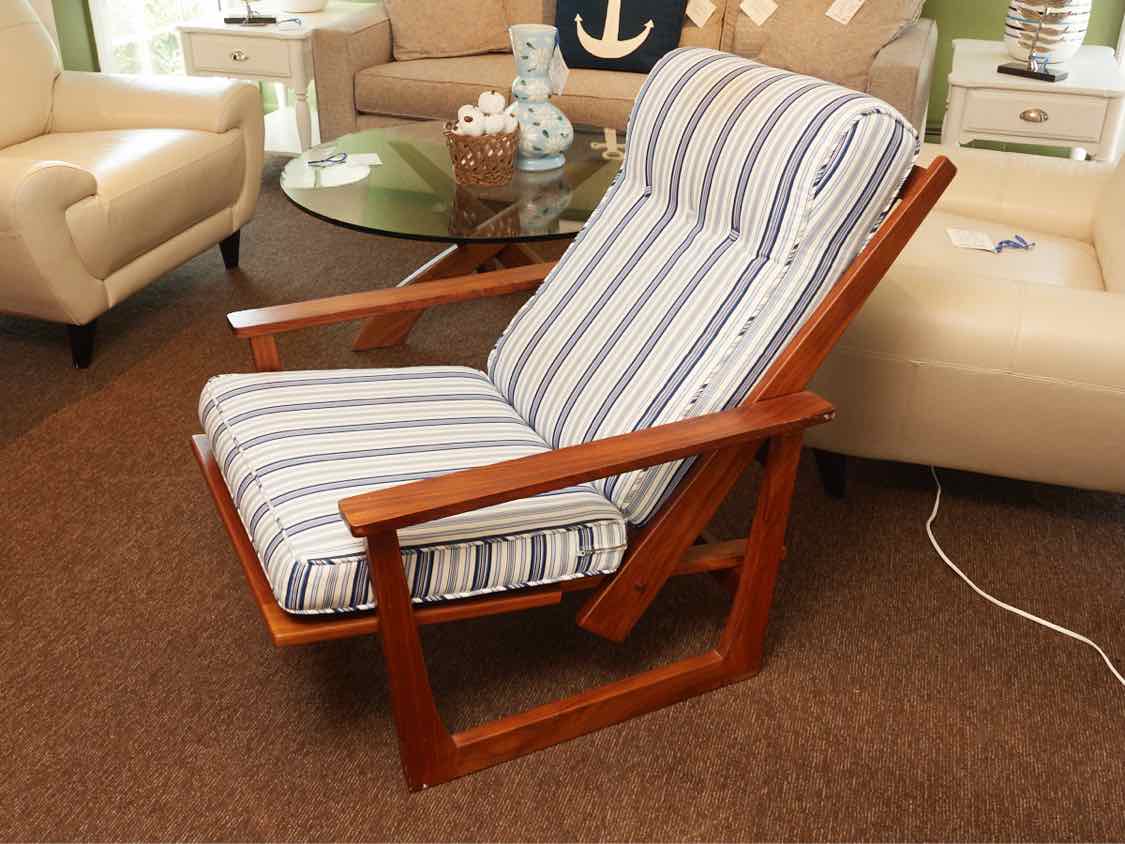 Teak Reclining Chair Blue & Stripe Fabric Includes Tray Ottoman