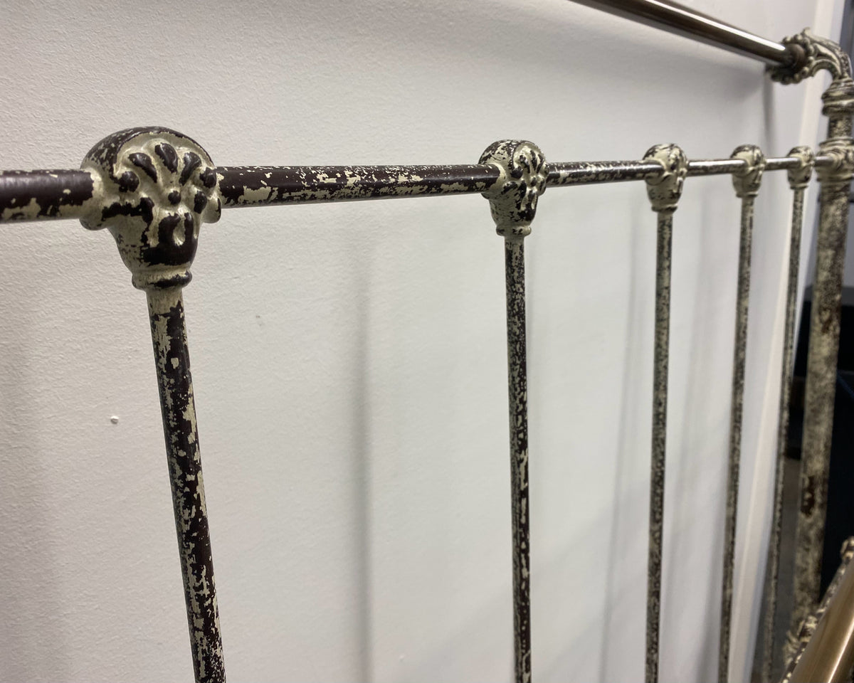 Domain French King Iron Sleigh Bed in Brass Finish with Scrolled Finials