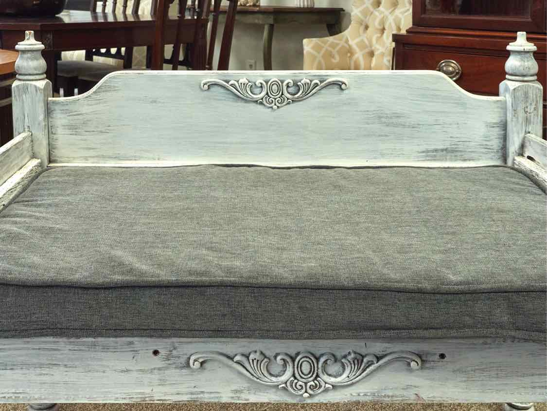 Shabby Chic Bench in Rustic White with Grey Chenille Cushion